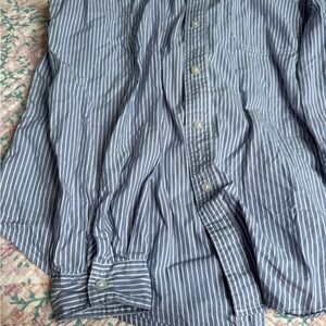 Women’s button down blue and white stripped white collar